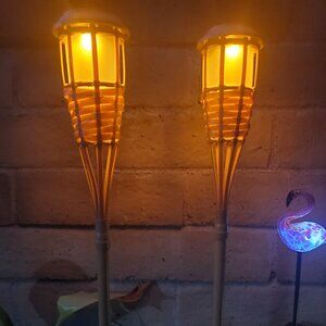 (2 Pcs) Solar Tiki Torch Synthetic Bamboo Garden Light Garden Decor